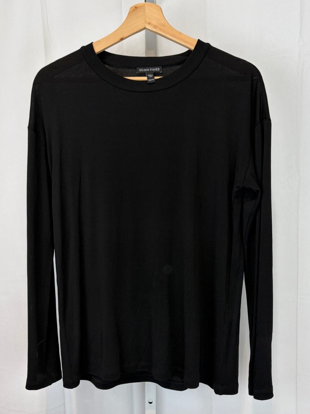 EILEEN FISHER 100% Silk Jersey Long Sleeve Crew Neck Top Black Size 2XS XXS